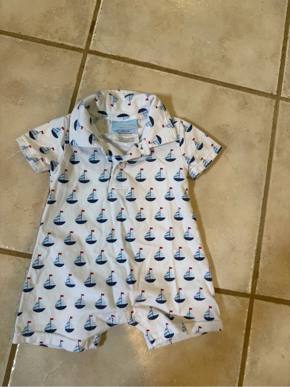Baby Sailboat Print One-Piece Romper - White & Blue